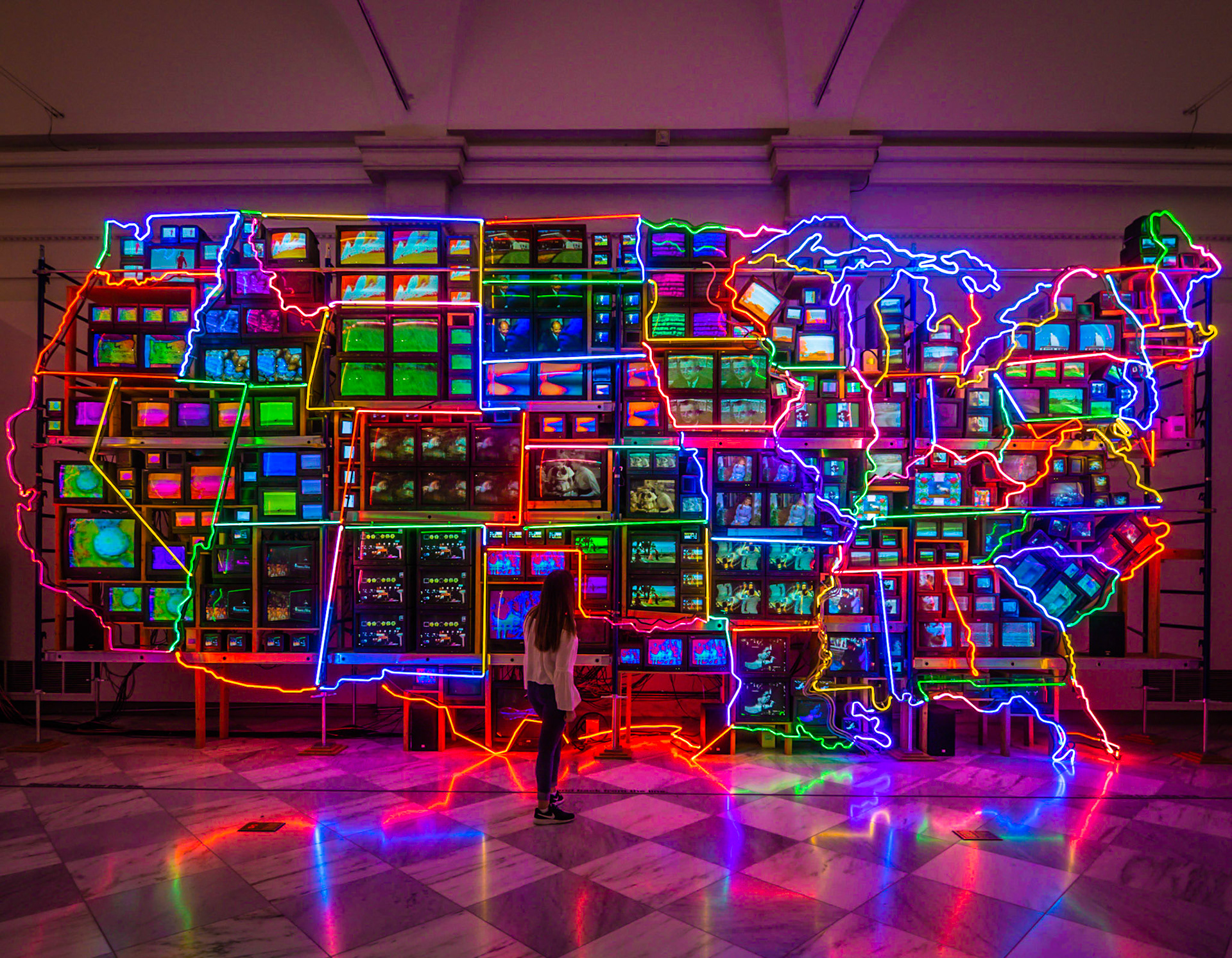 Neon lights and old television sets form a piece of contemporary art, Electronic Super Highway, in Washington DC