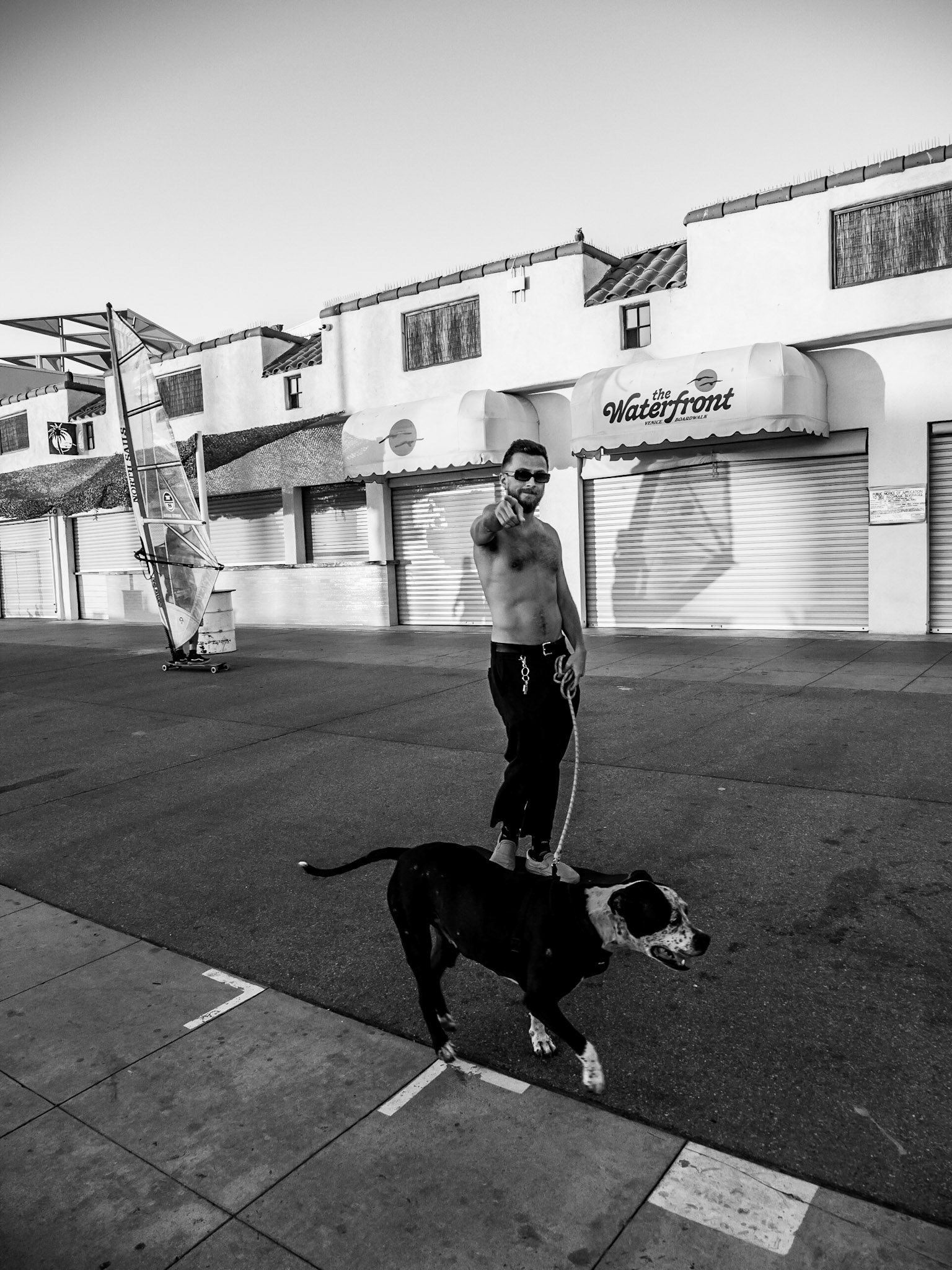 A local resident is pulled along on his skateboard by his faithful dog as they travel down the length of Venice beachfront