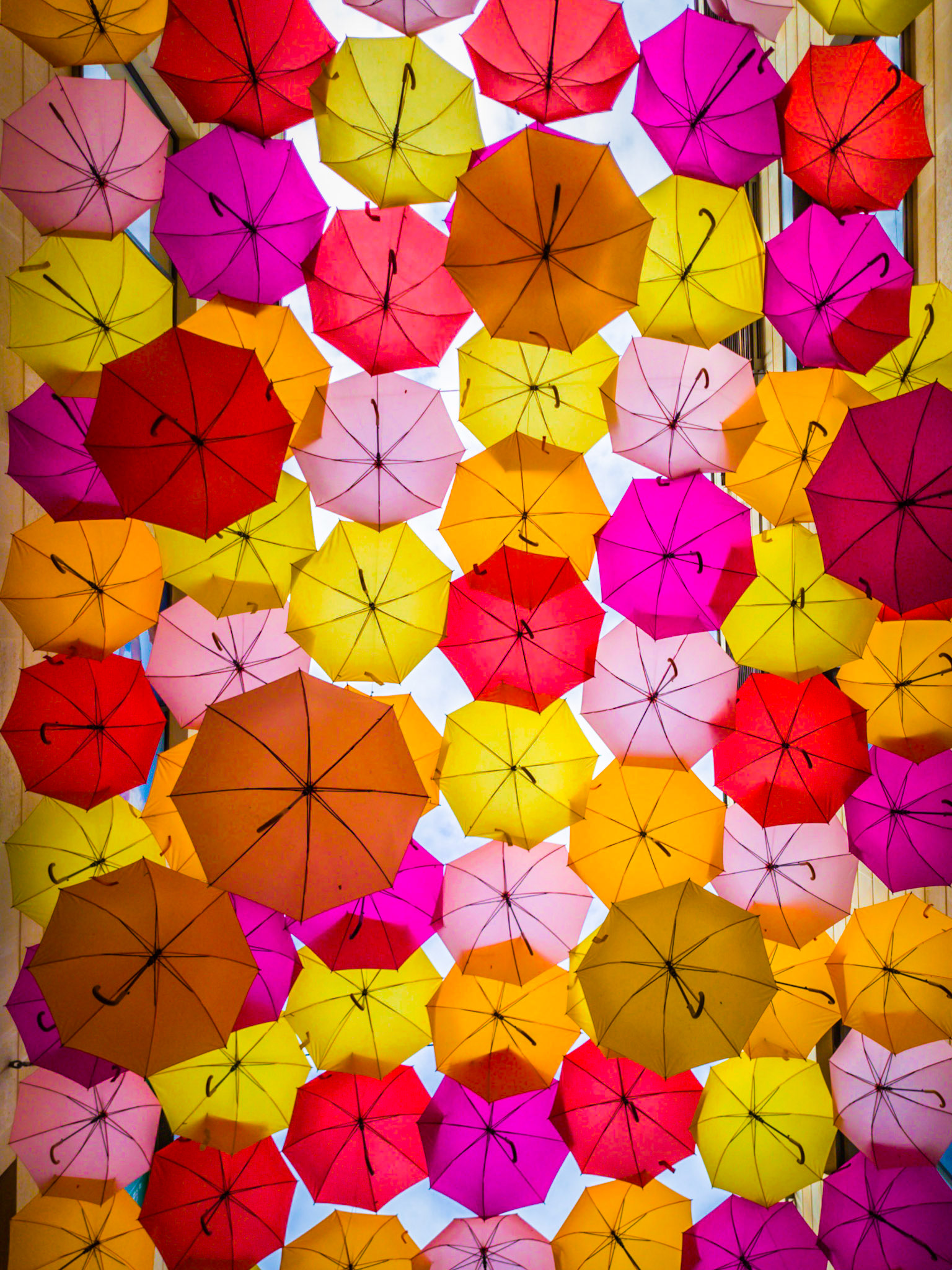 A colourful collection of umbrellas shade an alleyway in central Bordeaux