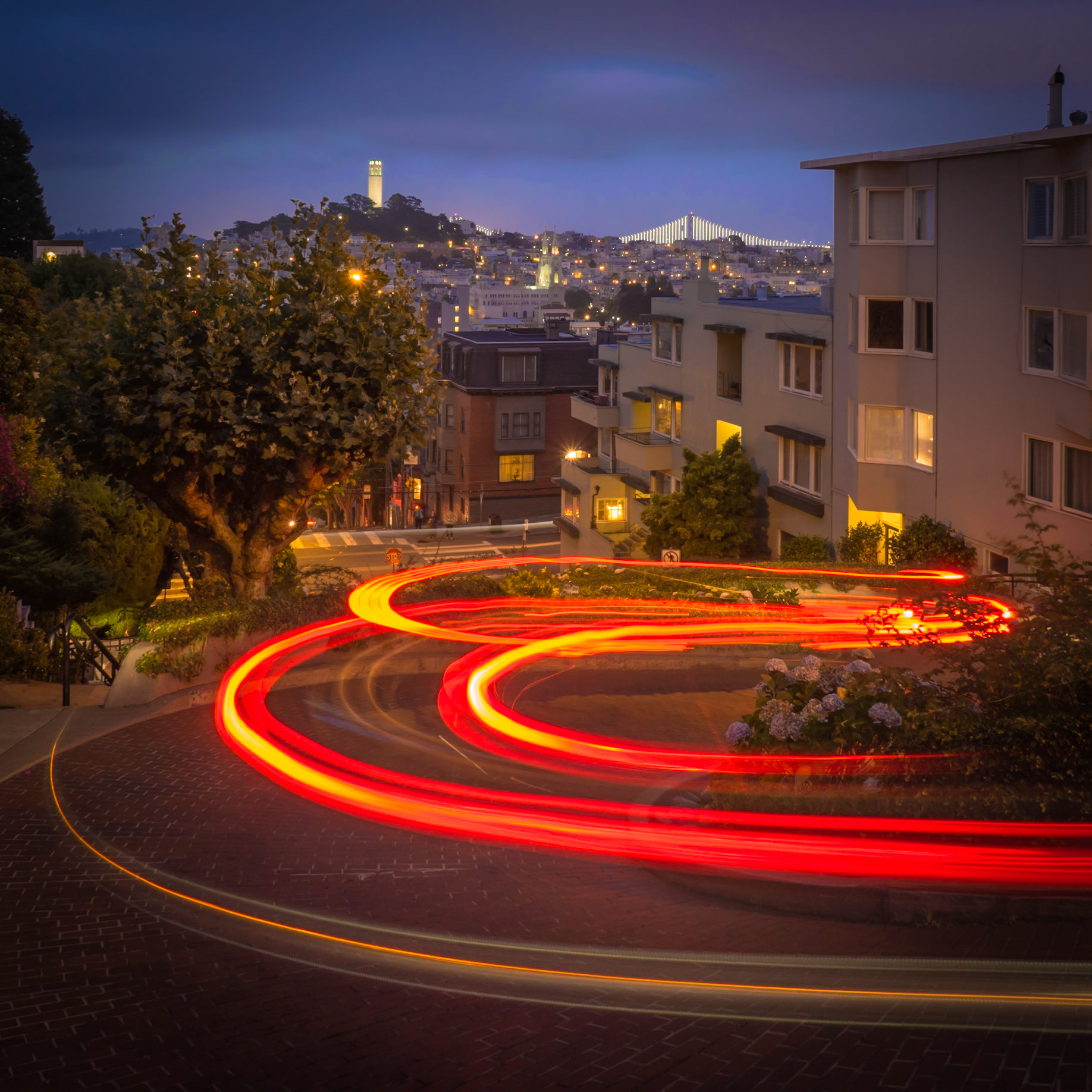 Trails of light formed by cars slowly travelling down the winding slope of the famous Lombard Street In San Francisco