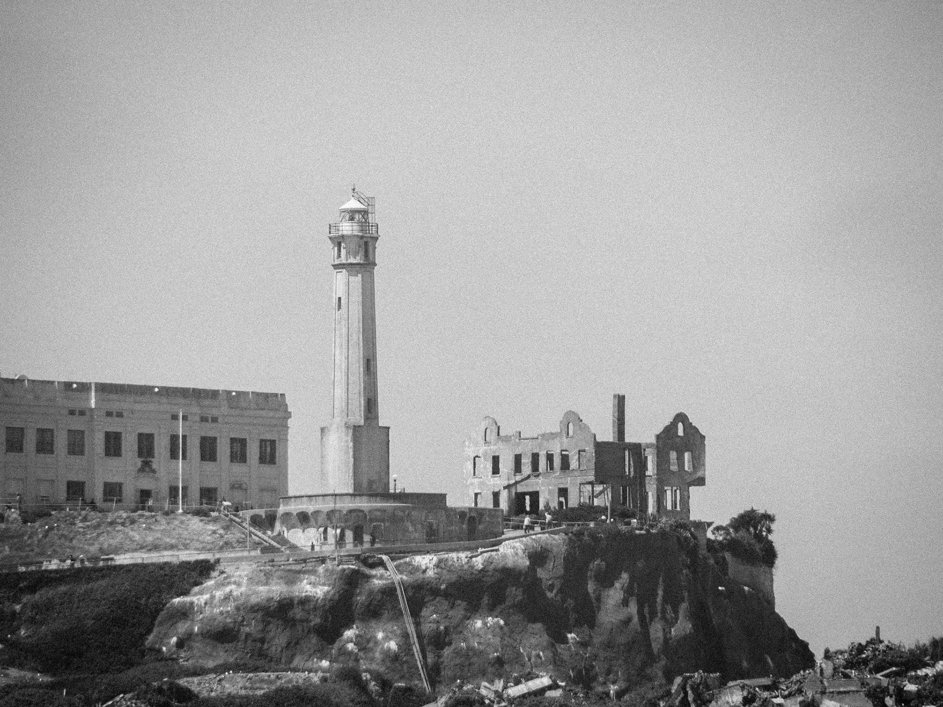 The grimy, derelict Governor's house on the infamous Alcatraz Island in San Francisco Bay