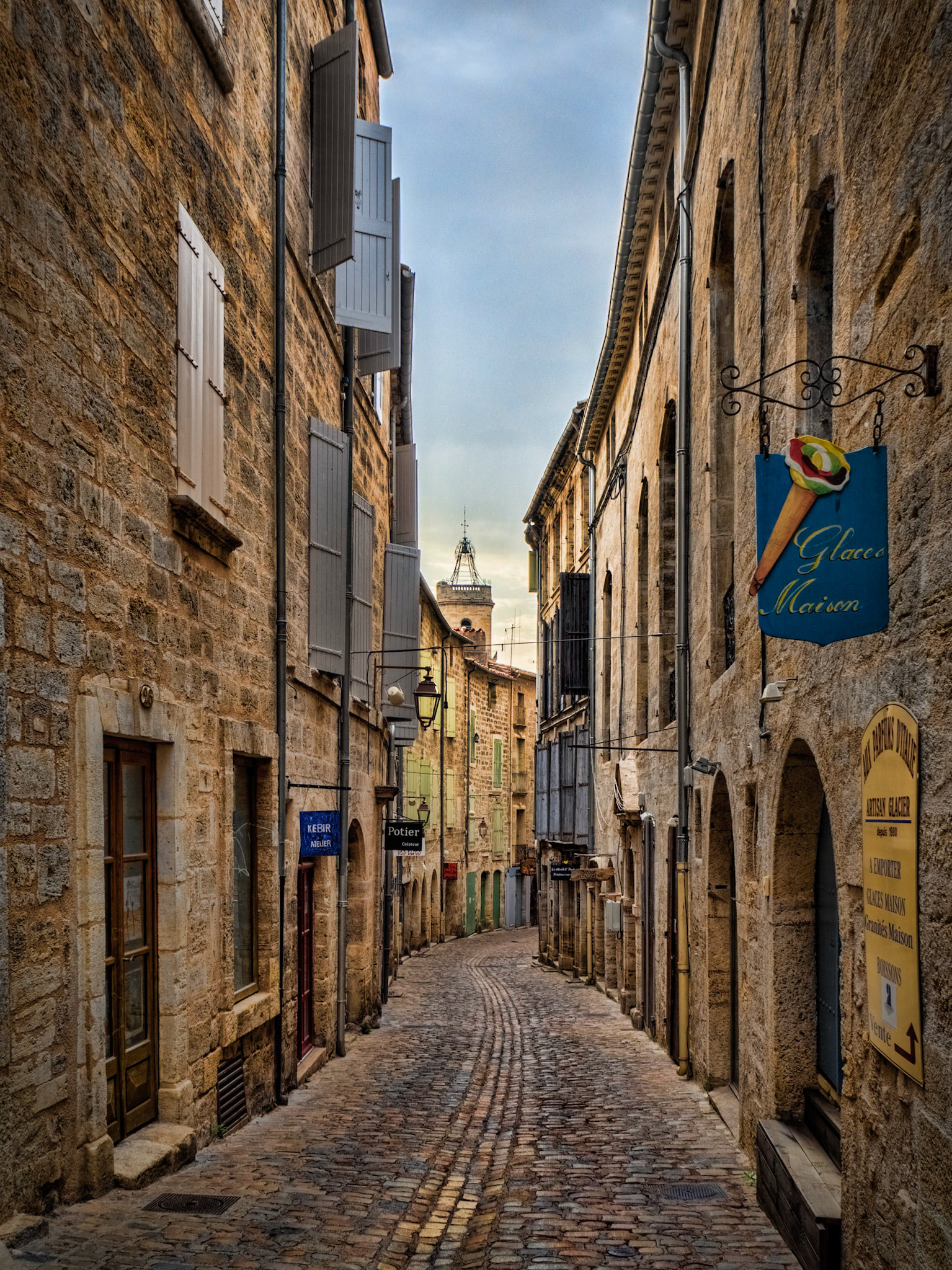 An ice-cream shop ready for the day's visitors to the cobbled streets of Pézenas in southern France