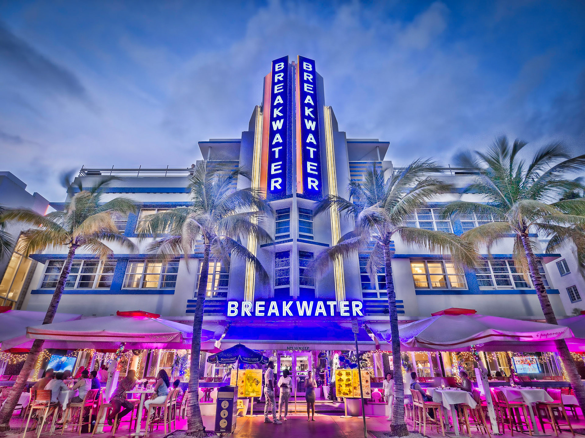 The colourful Breakwater Hotel on Ocean Drive in the South Beach district of Miami