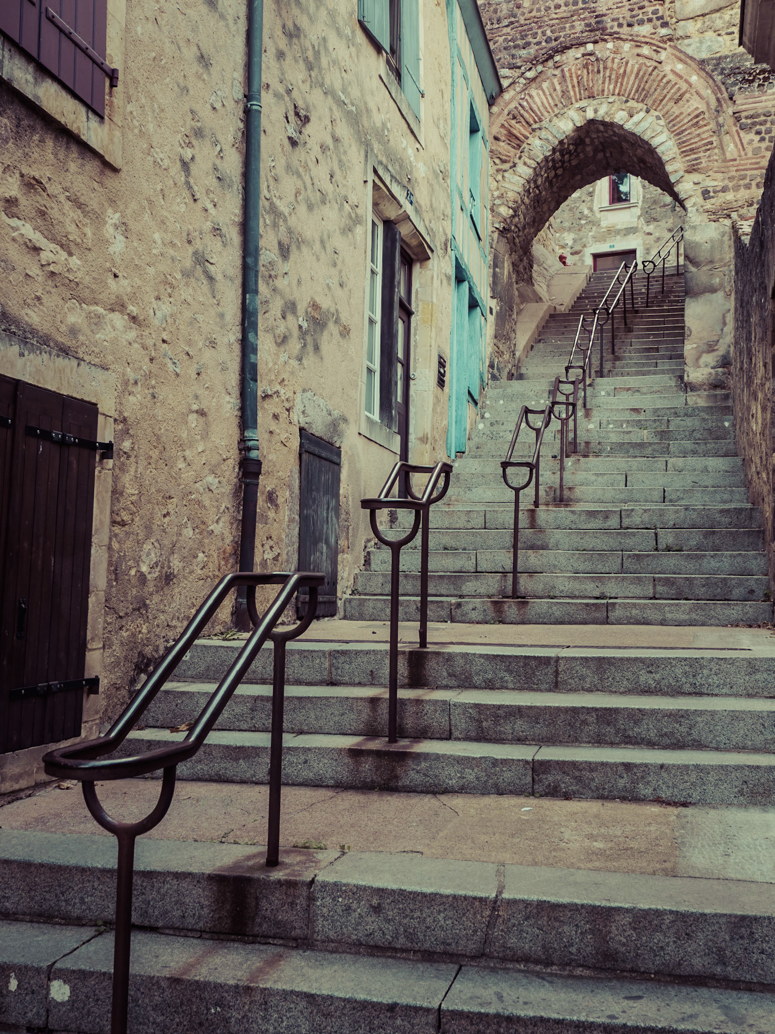 An ancient set of steps in the old city of Le Mans at dawn