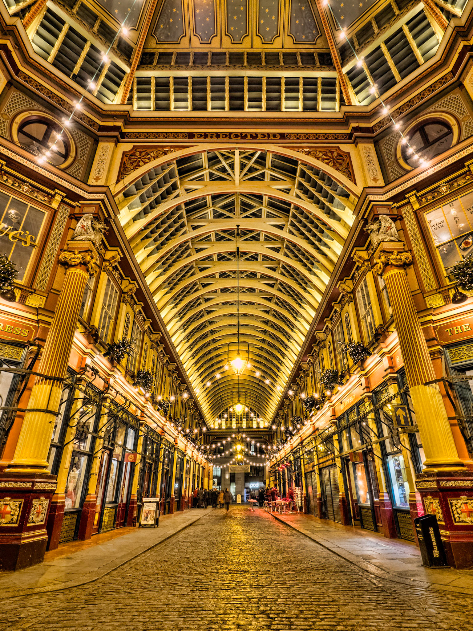 The sunning architecture of Leadenhall Market in the City of London at Christmas