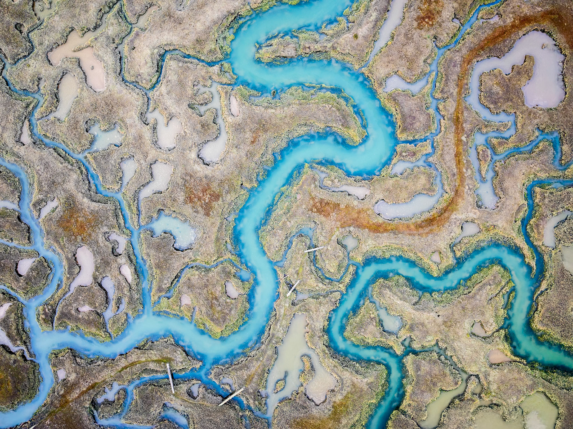 The bright blue water of high tide contrasts against the earthy tones of tidal marshes in a river estuary
