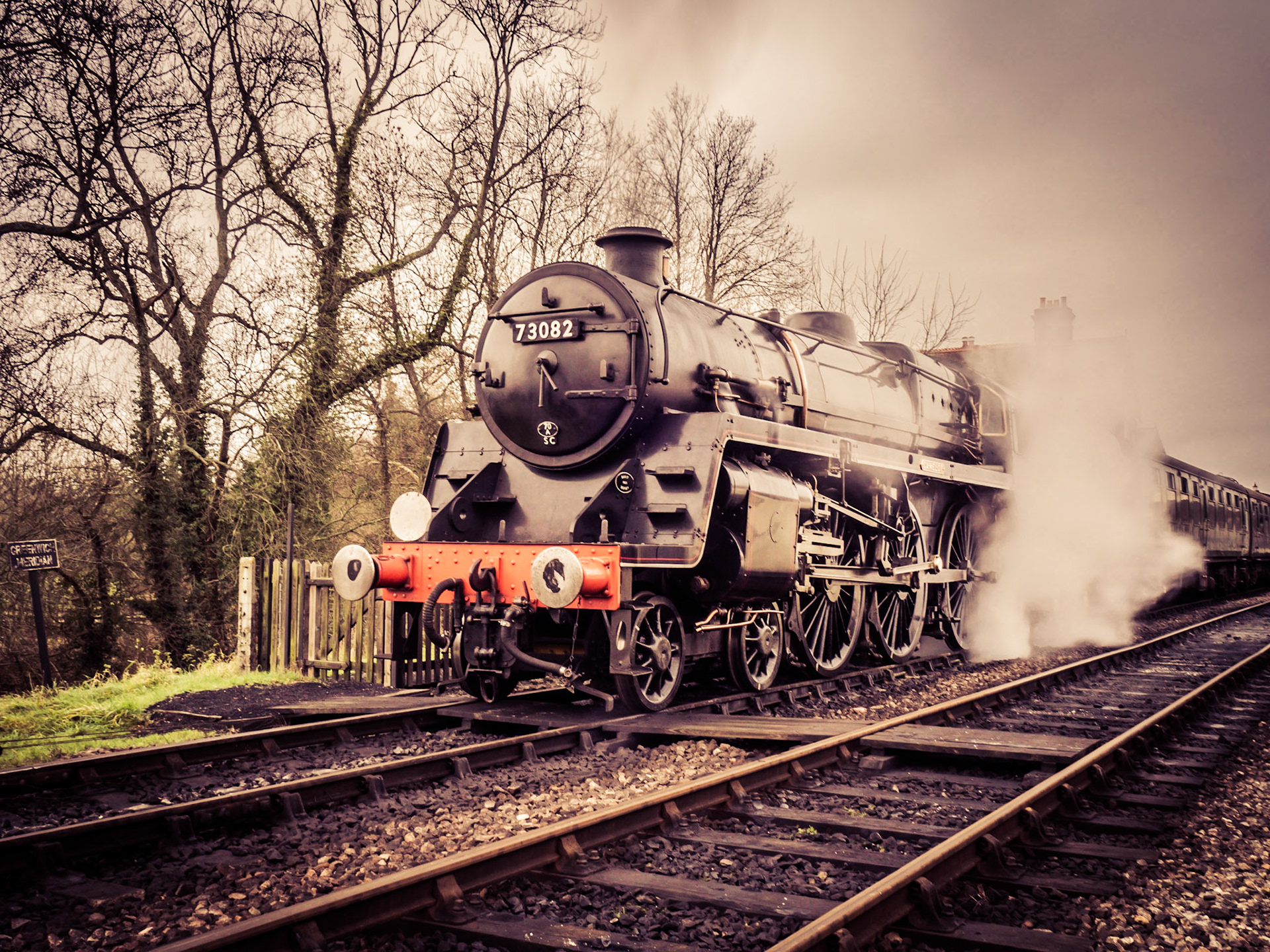 Locomotive 73082 bulds up steam as it readies for it's journey from Sheffield Park station on the Bluebell Railway in Sussex