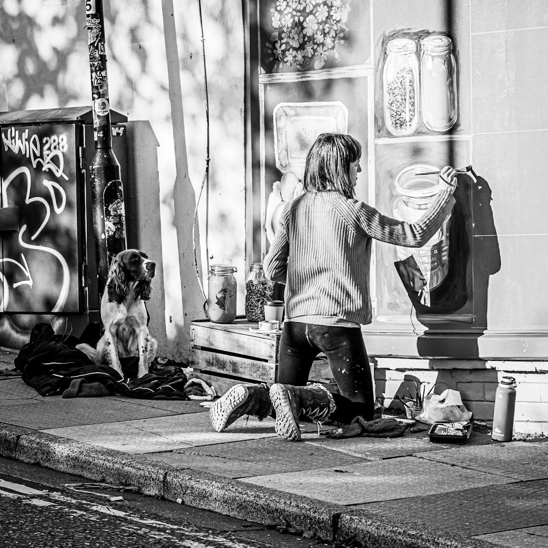A faithful dog watches his owner complete the finishing touches to her artwork on the outside of her store in Brighton