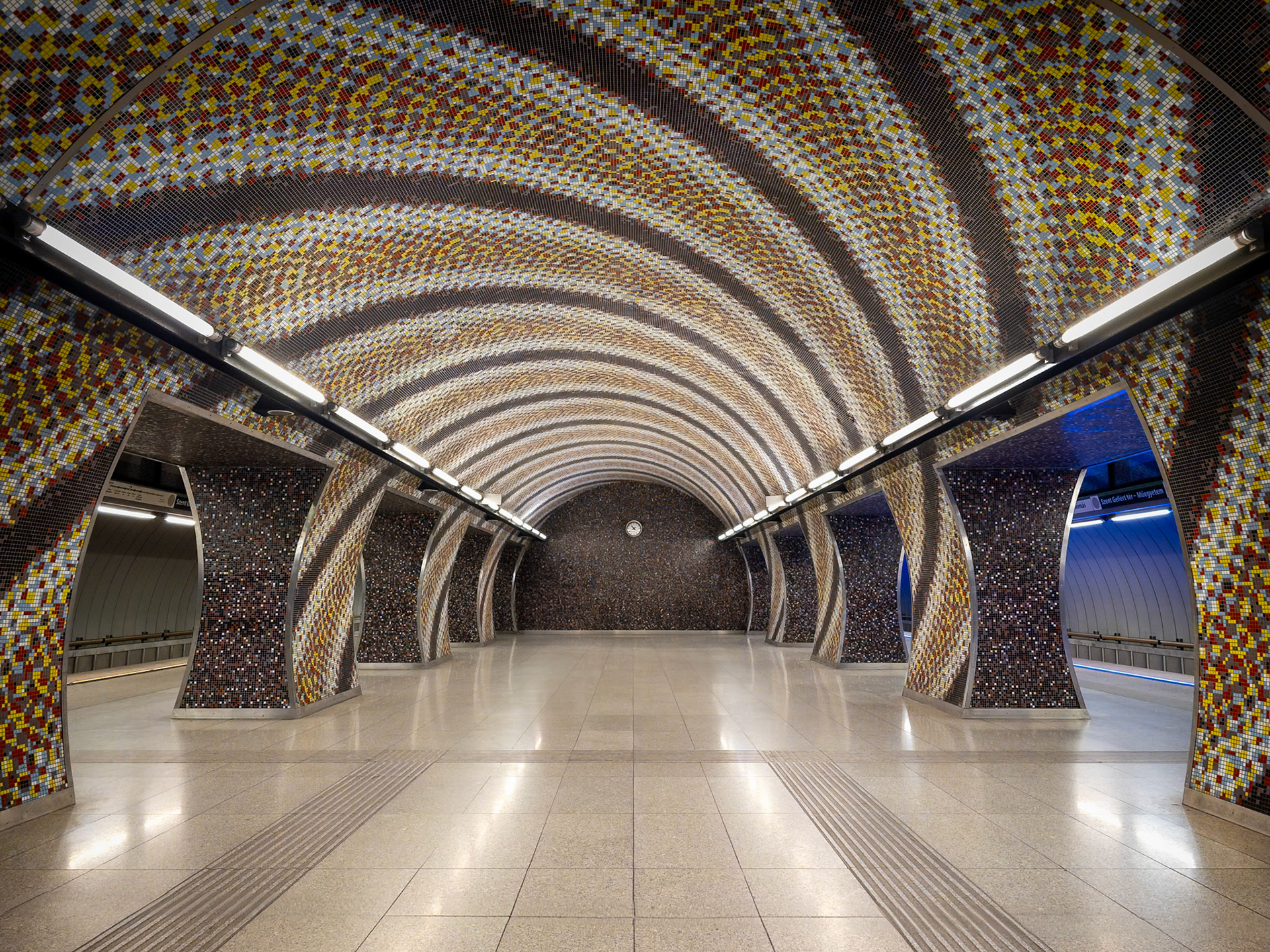 Twisting tiles form a pesmerising pattern on the ceiling of a metro station in Budapest