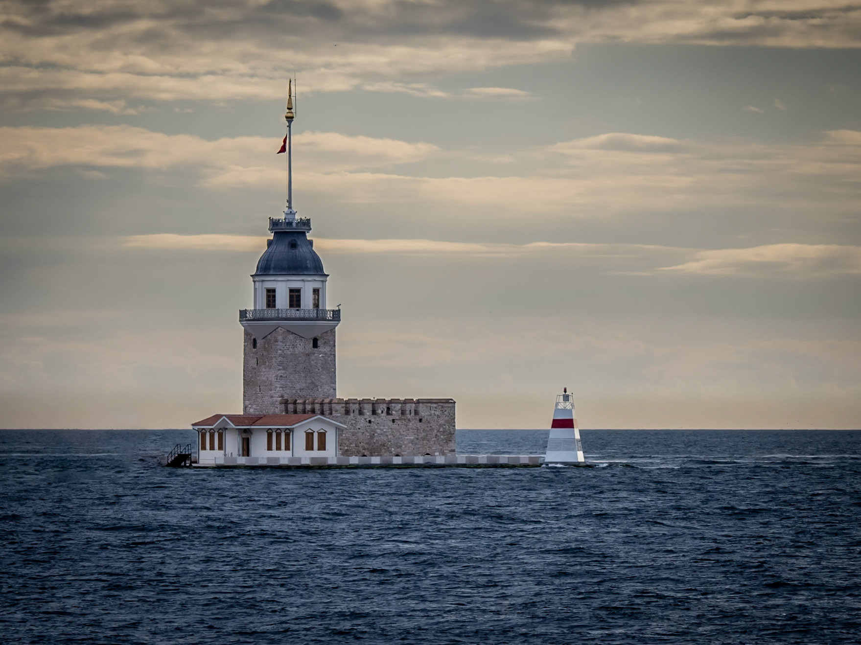 The 300-year old Maiden's Tower lies, solitary, off the shore of the Uskudar district of Istanbul, Turkey