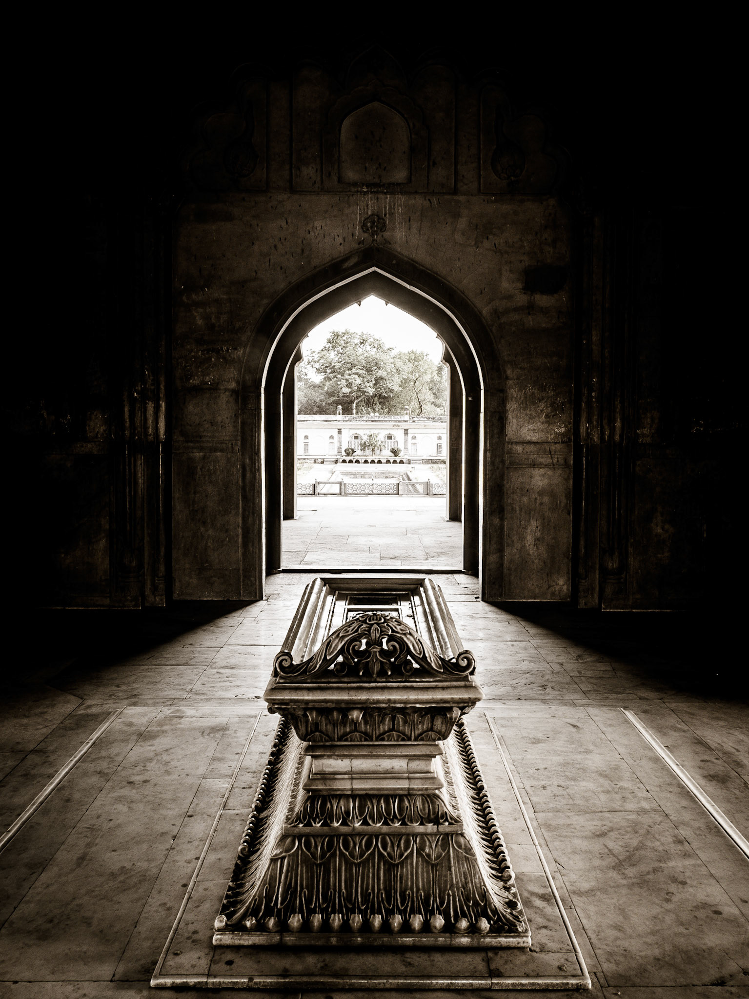 Light shines through into a crypt within the Safdarjung Tomb in New Delhi