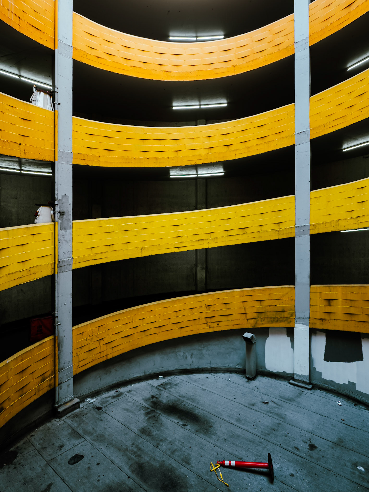 Vivid colours separate the different levels of a car park in downtown Los Angeles