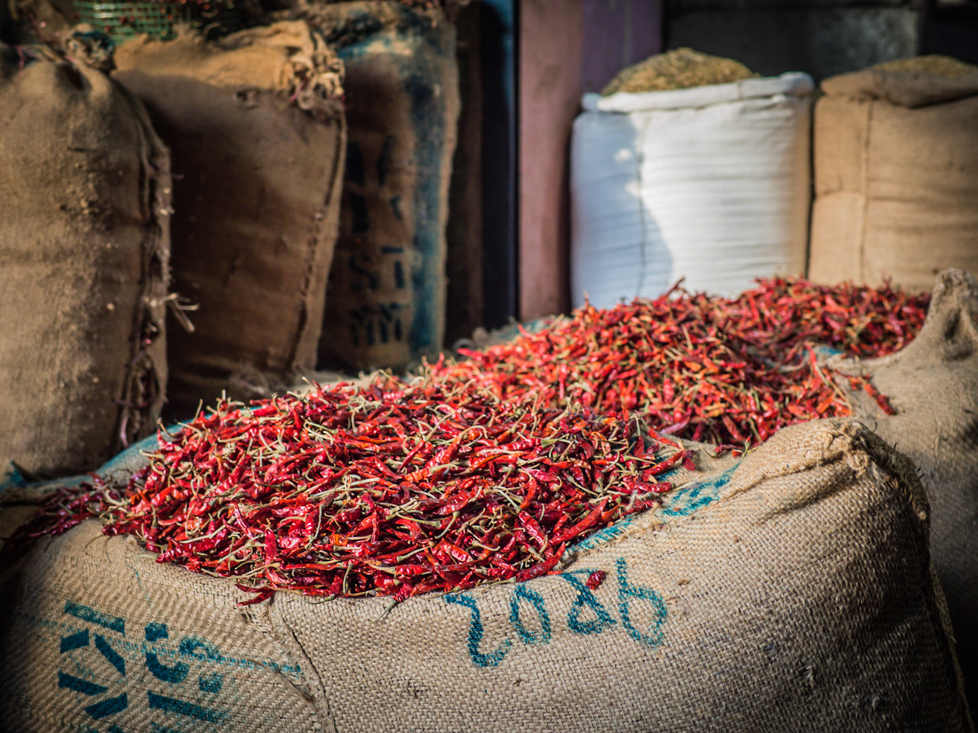 Bags of chillies lined-up awaiting sale at the spice market in the Chandni Chowk district of New Delhi