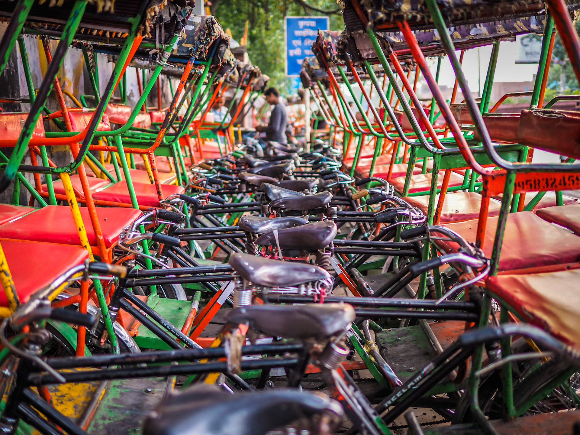 Rickshaws lined up in New Delhi ready for another day's work in the market district of Chandni Chowk