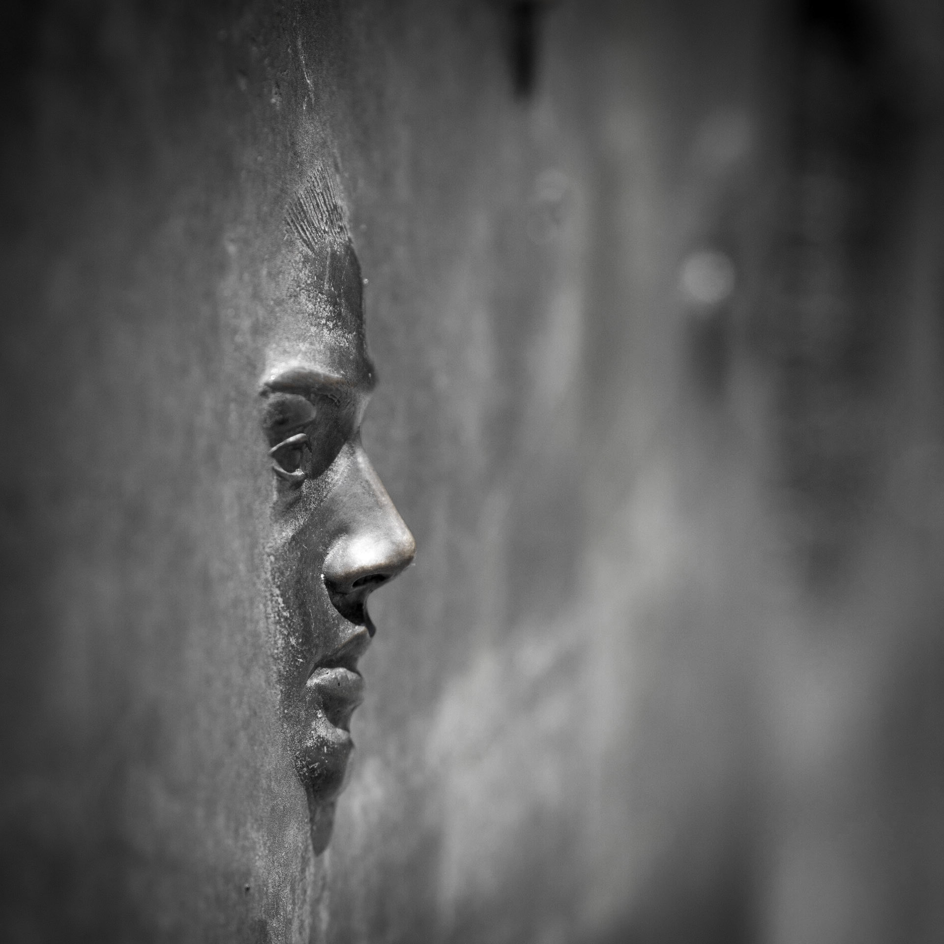 A lone face emerged from the FDR Memorial in Washington DC