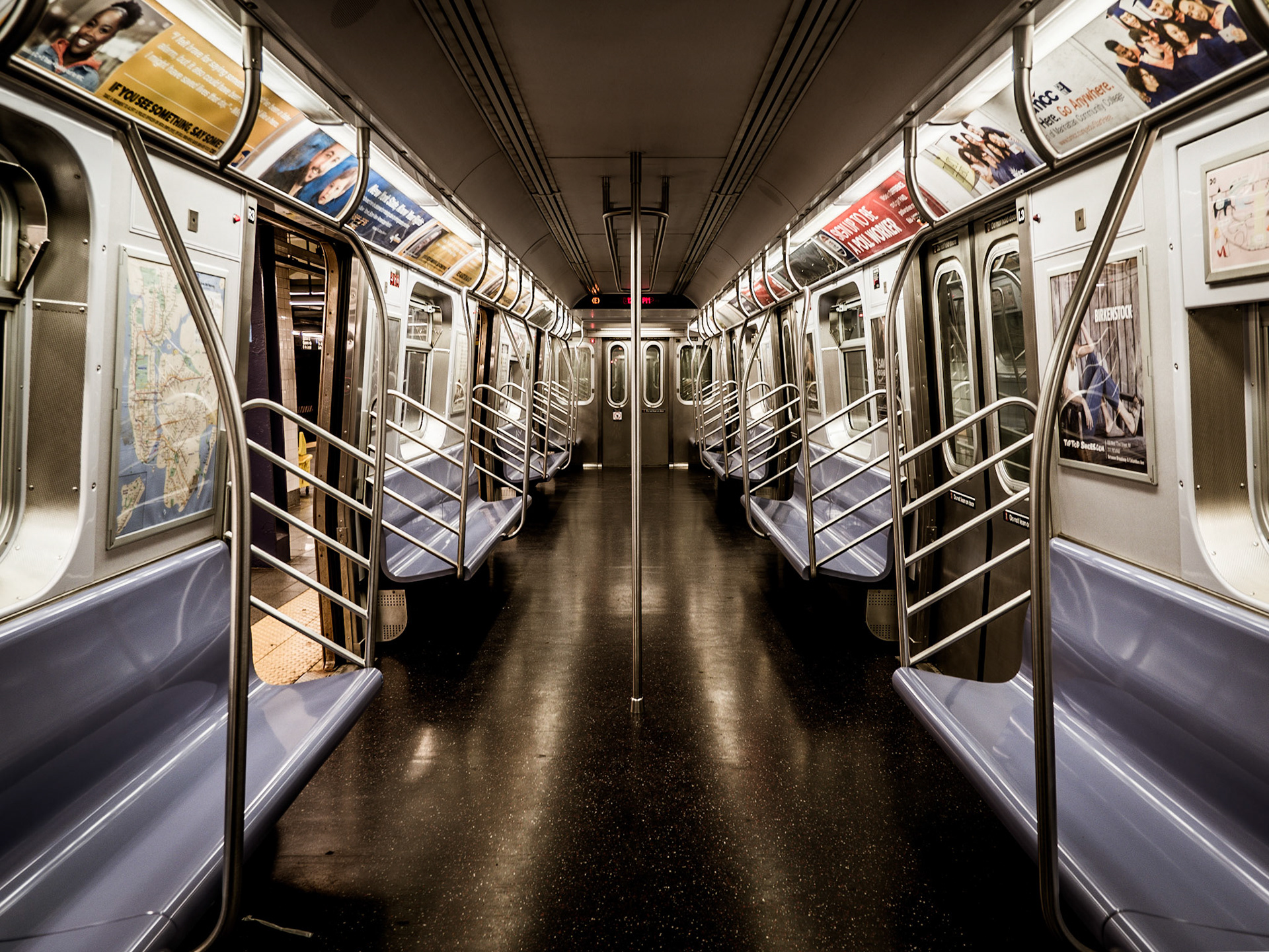 An empty subway car waits at the end of the E-line in Manhattan, New York