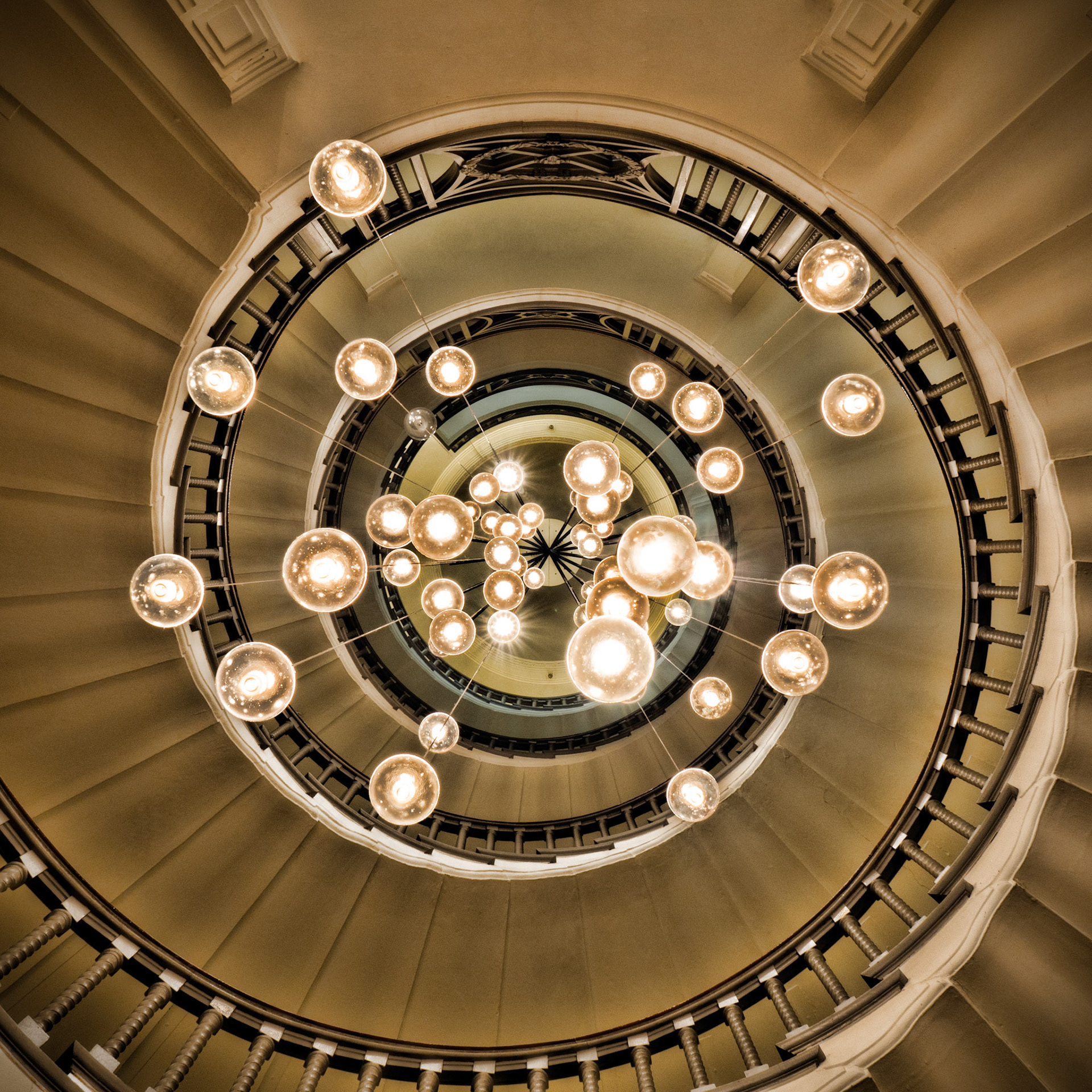 Looking upwards into the centre of the Brewer staircase in the Heals Building, London