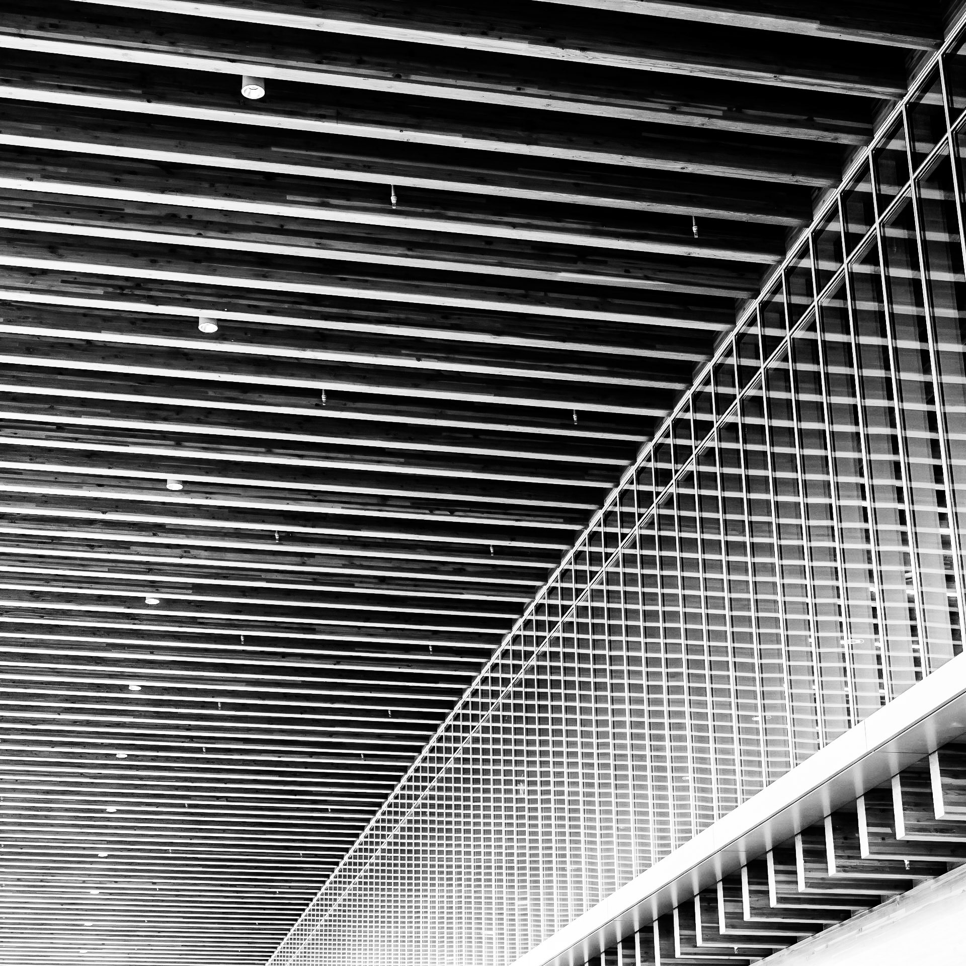 The structure of the Long Beach Public Library forms a seemingly endless perspective of lines and reflections