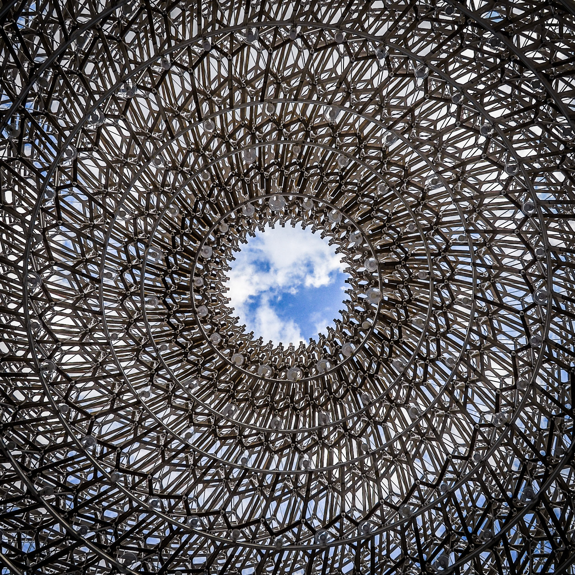 The view upwards out of the Hive, a contemporary art installation at Kew Gardens in London
