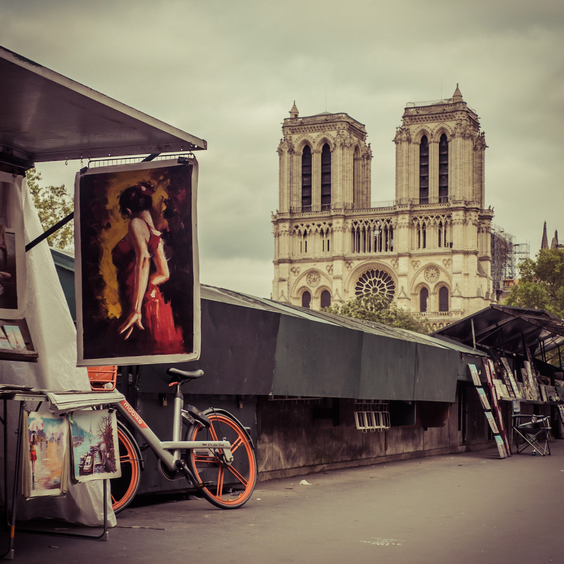 A lady in red hangs before the cathedral of Notre-Dame in central Paris
