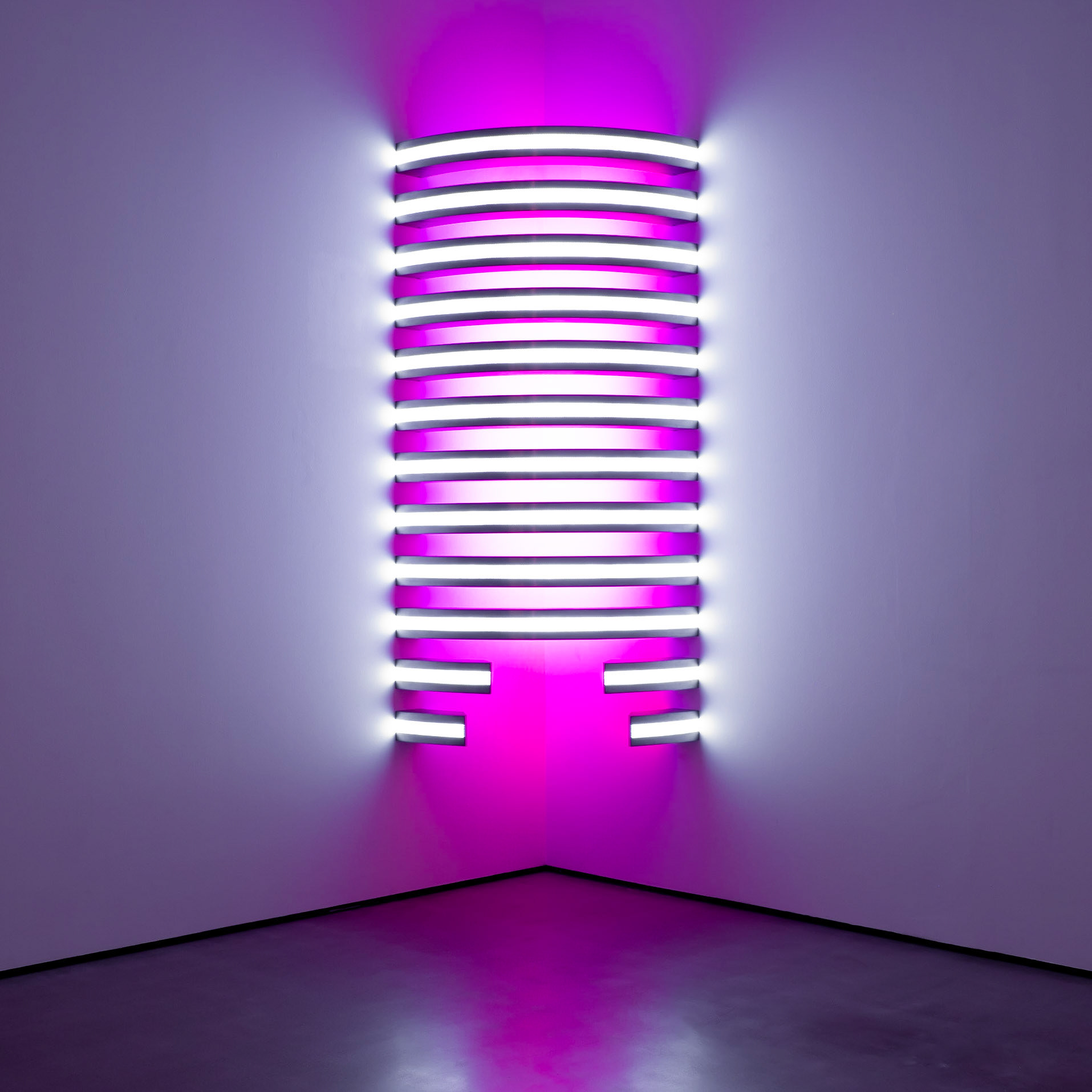 A contemporary art installation glows a vivid pink against the blur of scrolling white text