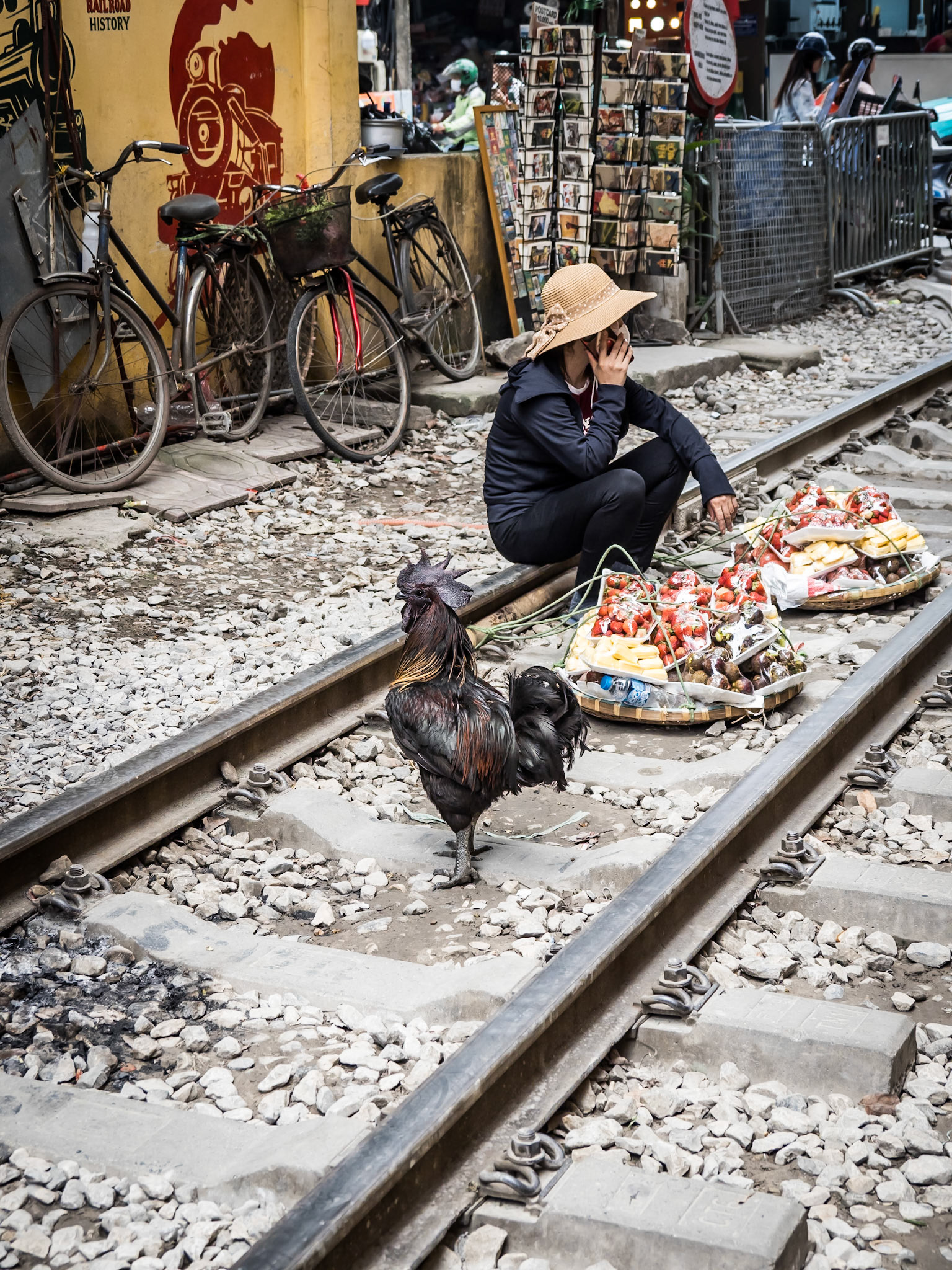 On the railway tracks of Hanoi, a street seller takes a break, phone in hand, whilst a handsome rooster keeps guard of her wares