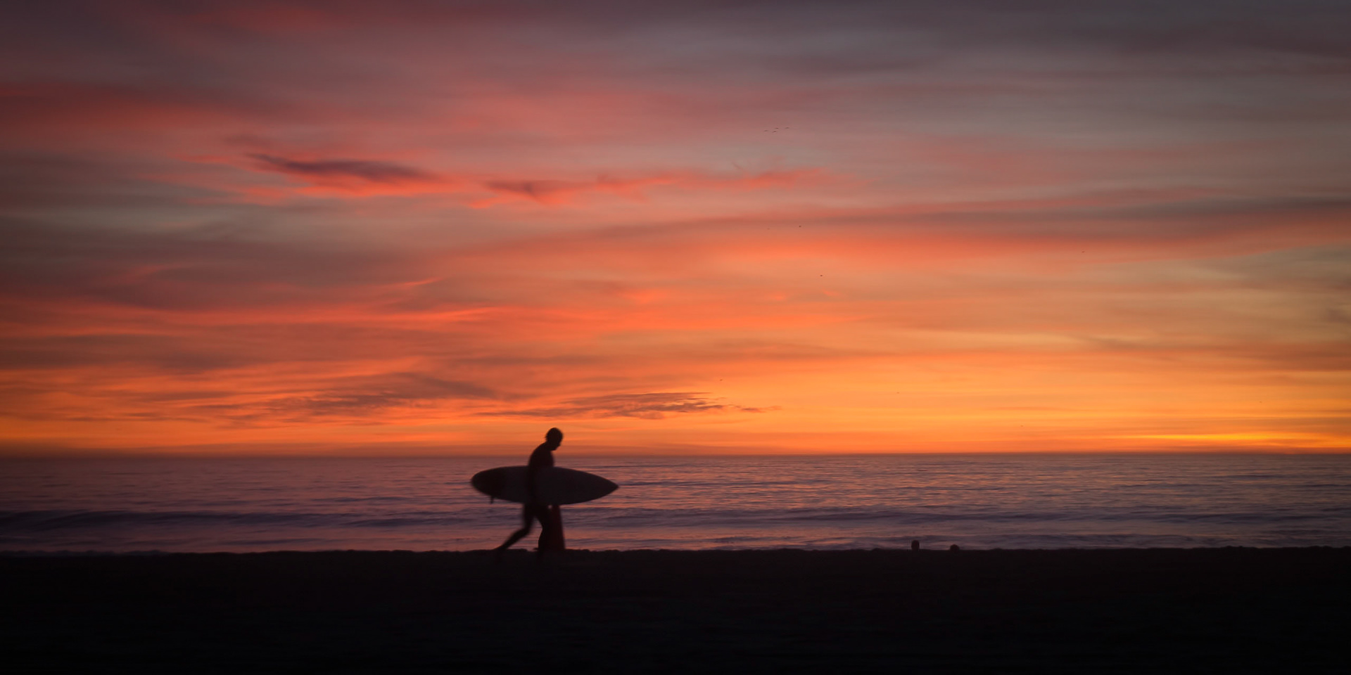 An artistic photo of a lone surfer walking home after a day's surfing on Santa Monica Beach, California