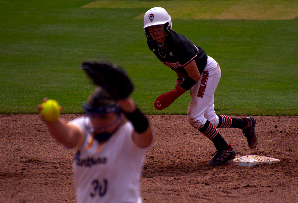 Angie Rizzi takes a lead off second base on April 10, 2021.