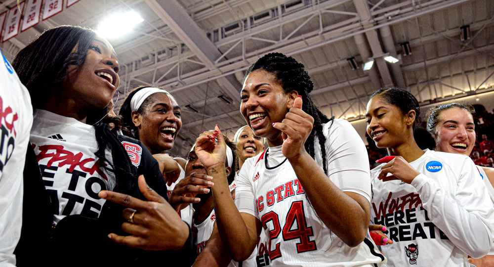 NC state celebrates their win over No. 16 Maryland on March 18, 2018 to reach their first Sweet Sixteen since 2007.