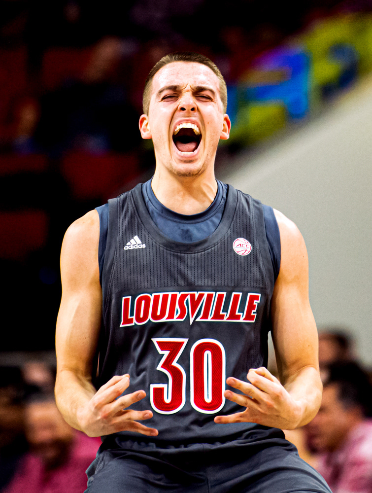 Ryan McMahon celebrates hitting a three-pointer against NC State on Feb. 1, 2020.