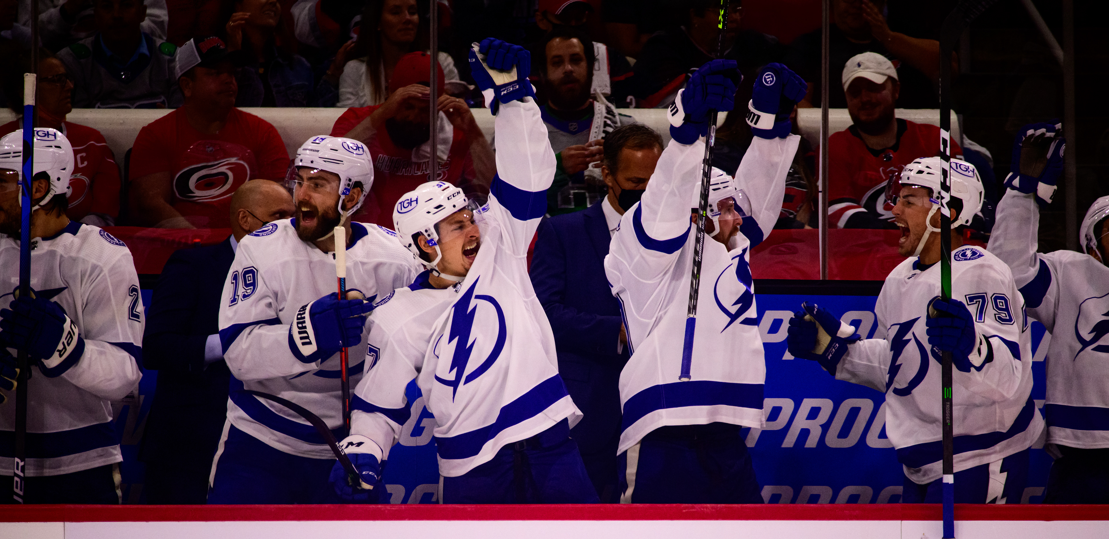 The Tampa Bay Lightning celebrates a goal during Game 2 on June 1, 2021.