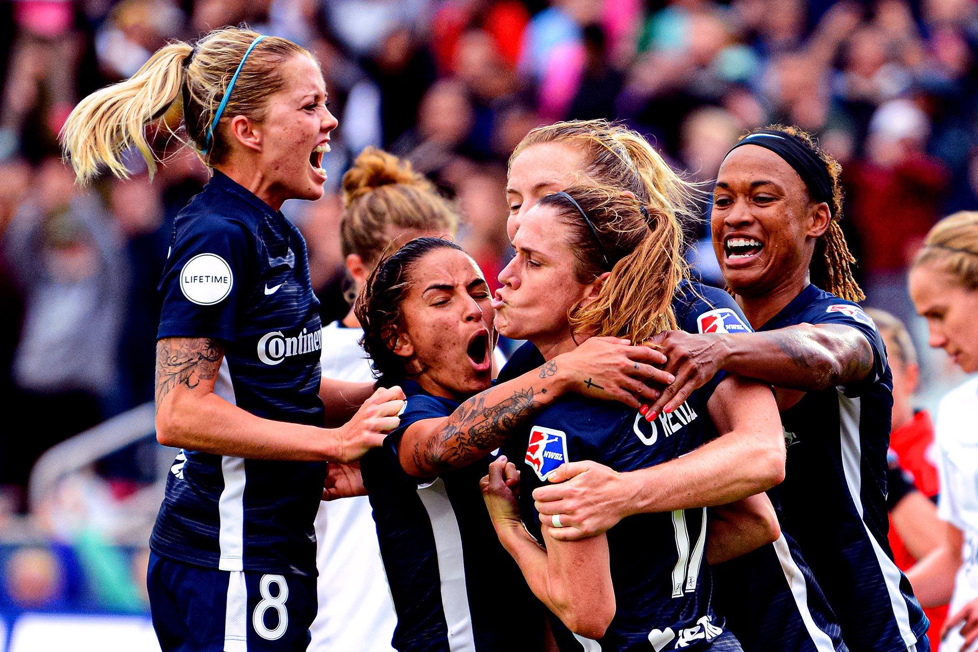 Teammates celebrate Heather O'Reilly's goal in the NWSL semifinal on Oct. 20, 2019.