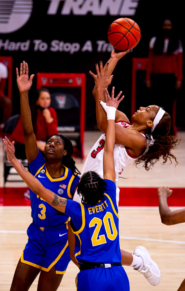 Kai Crutchfield hits a tough shot in traffic against Pitt on Feb. 25, 2021.