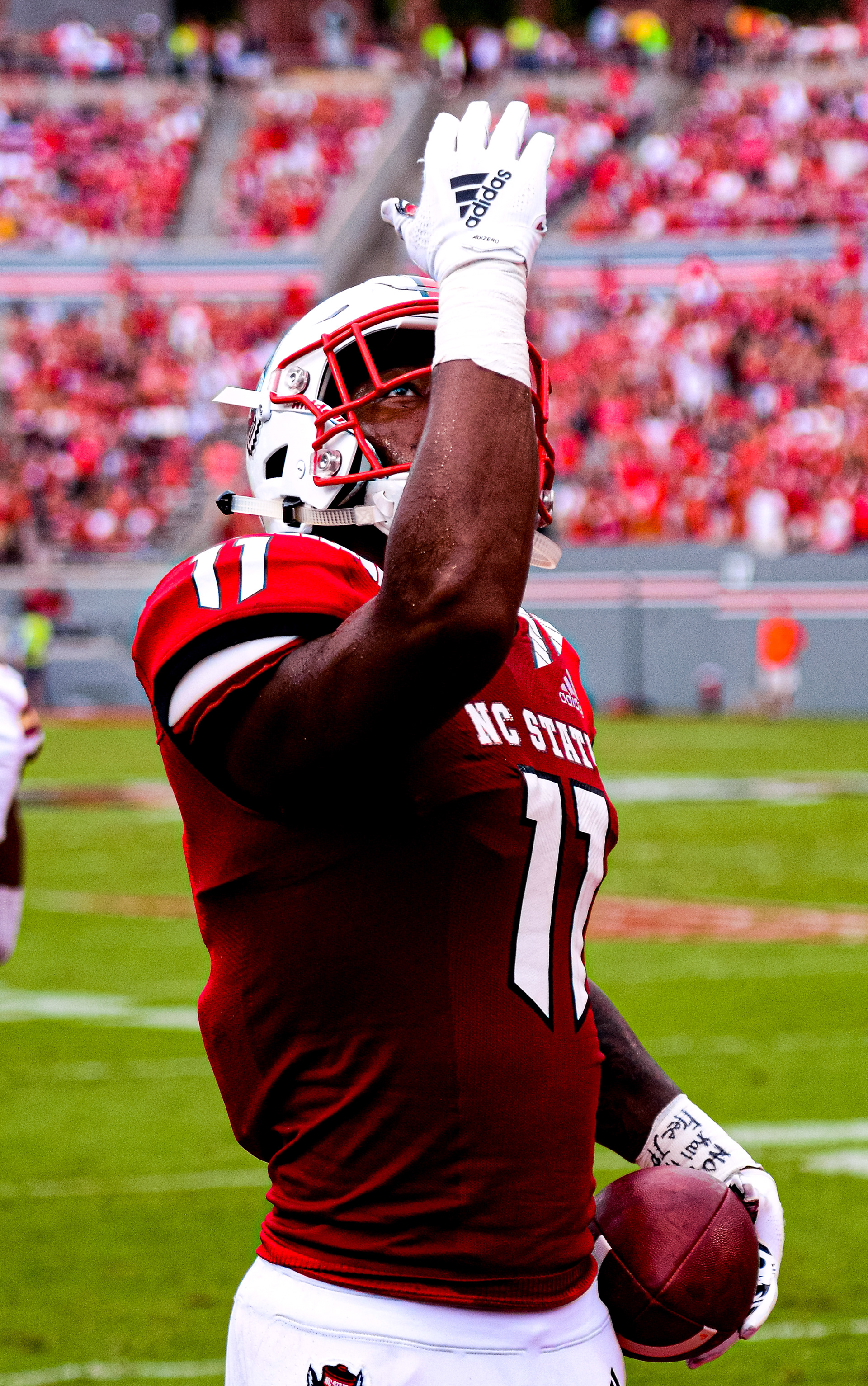 Jakobi Meyers celebrates scoring against Boston College on Oct. 6, 2018.