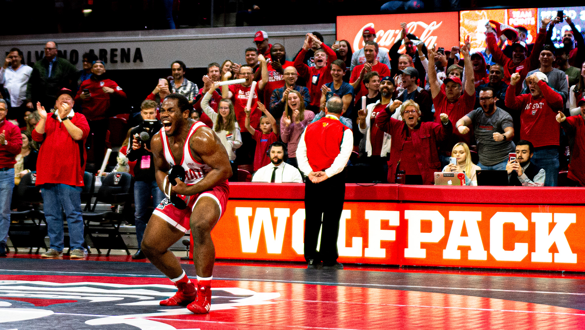 Deonte Wilson celebrates his walk-off win by decision over UNC-Chapel Hill on Feb. 7, 2020.