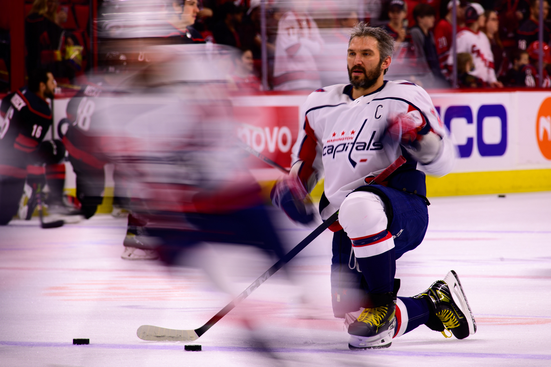 Alex Ovechkin warms up before playing Carolina on March 18, 2022.