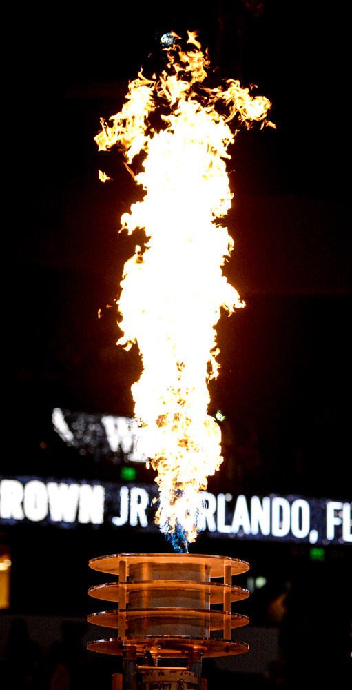 Flames shoot up during Wake Forest's pregame show before playing NC State on Dec. 7, 2019.