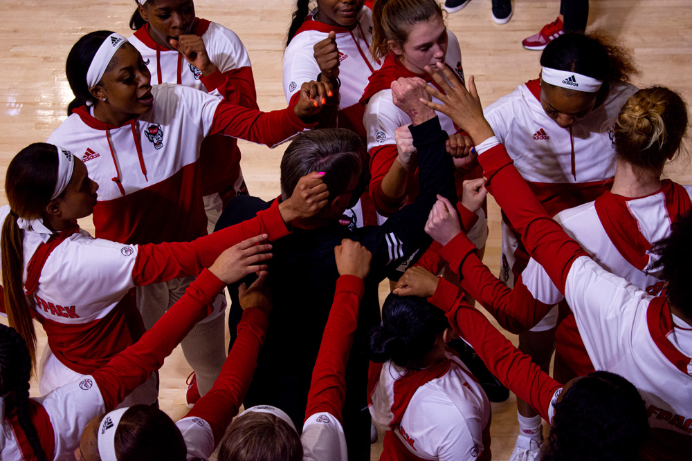 The team huddles before taking the court against Pitt on Feb. 25, 2021.