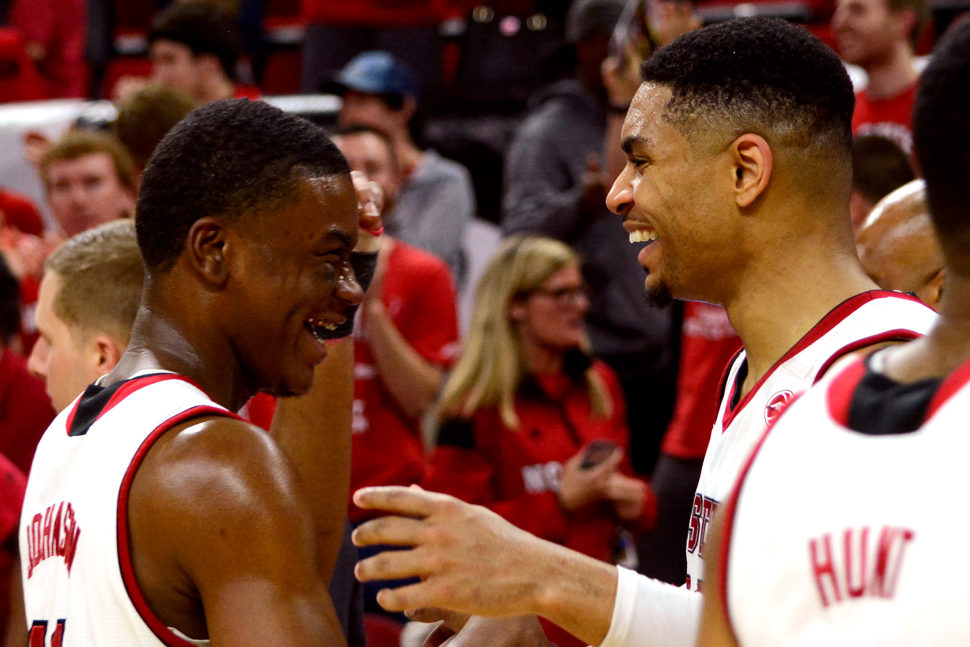 Markell Johnson (left) and Allerik Freeman (right) celebrate the win on Feb. 26, 2018.
