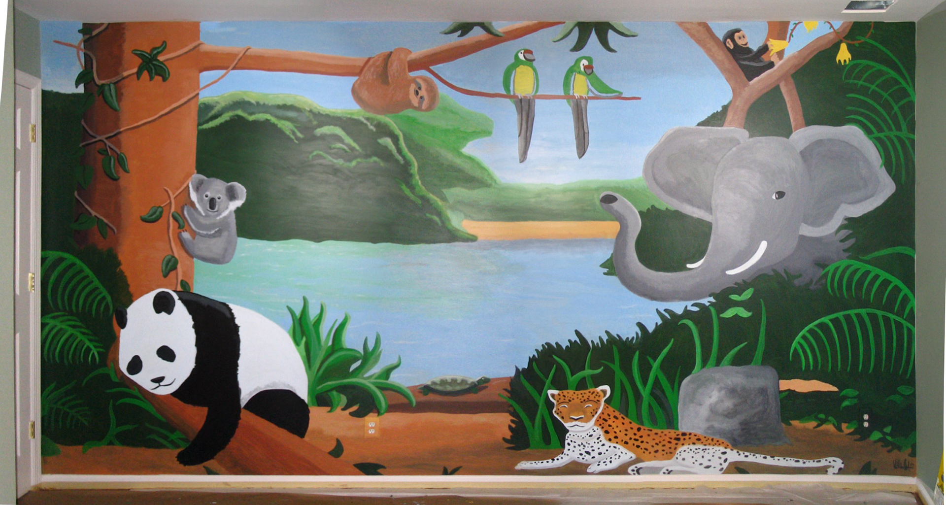 A mural I painted for a family in their child's bedroom with a "jungle" theme. 14x16'