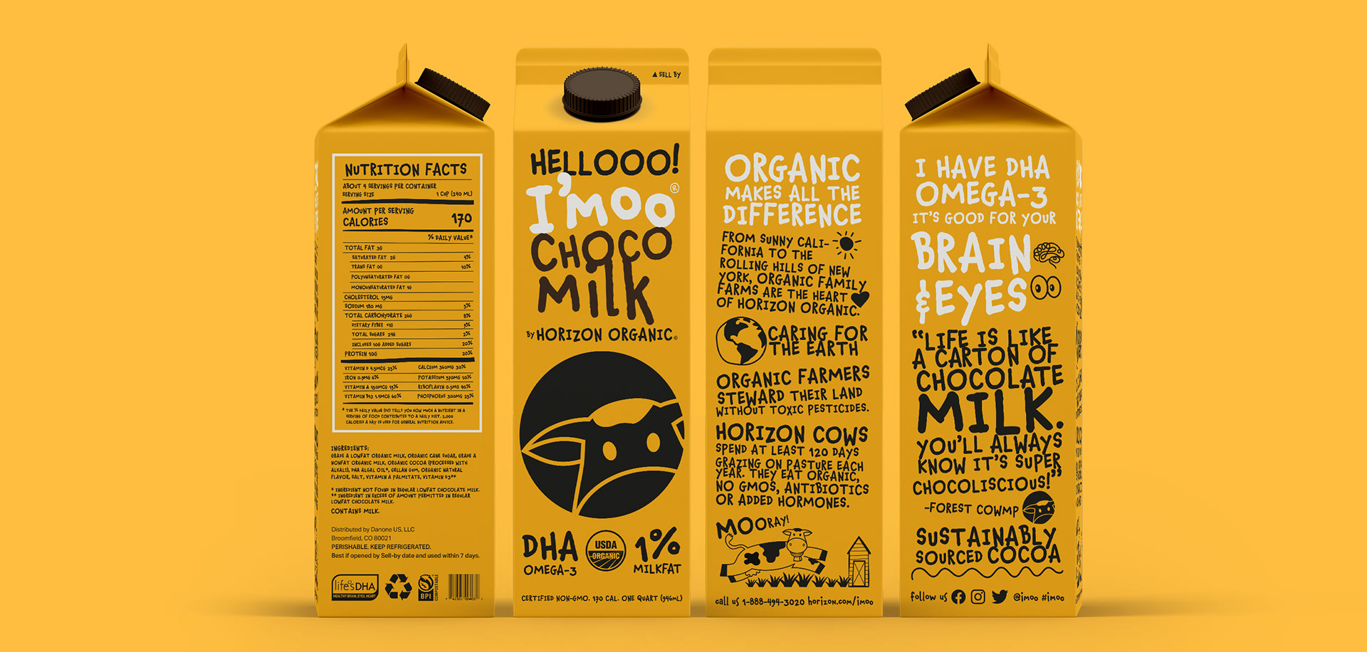 3D mockup design of I'moo chocolate milk packaging with circle cow logo design on all sides on solid golden yellow background