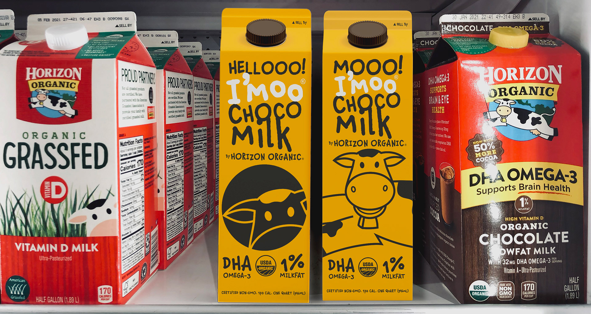 I'moo chocolate milk packaging mocked up in a store milk section refrigerator