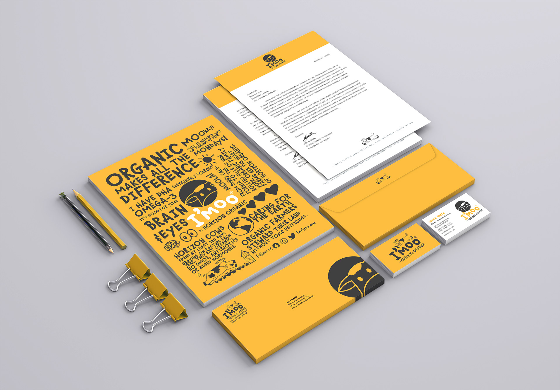 I'moo by Horizon Organic stationery design set to include letterhead, envelope, and business card.