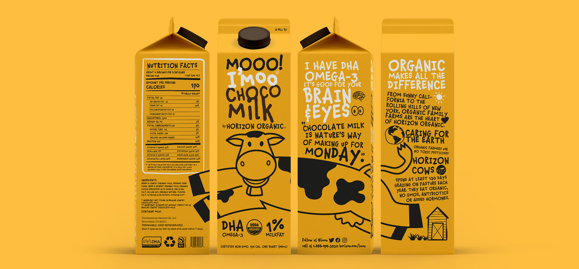 3D mockup design of I'moo chocolate milk packaging with leaping cow wrap around design on all sides on solid golden yellow background