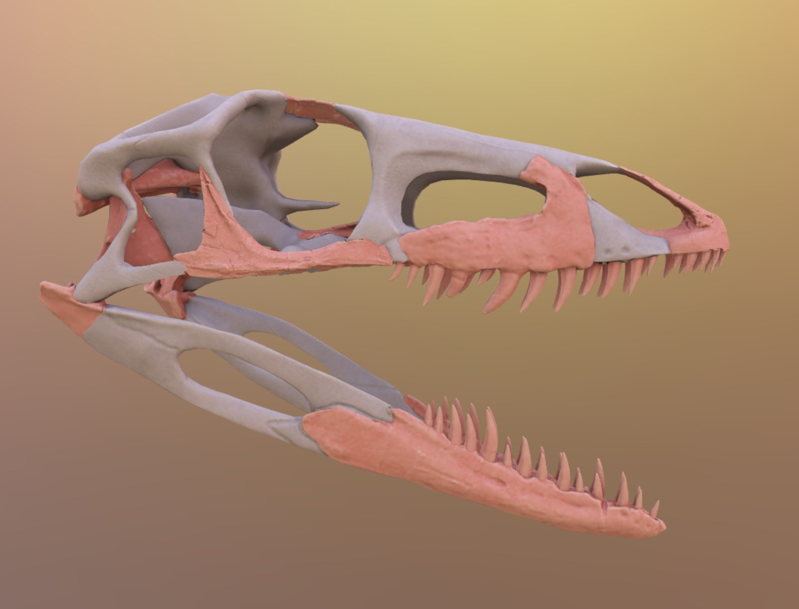 Teleocrater skull in web viewer, with missing parts in orange