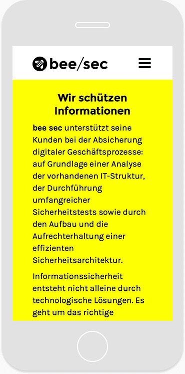 bee/sec Internetauftritt auf mobilem Endgerät