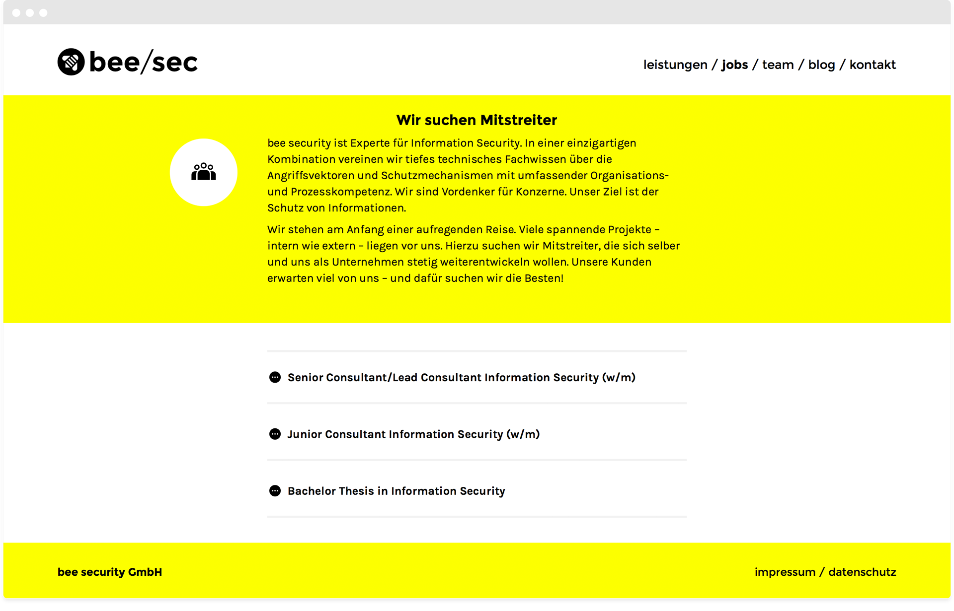 Internetauftritt bee/sec Detailseite Jobs