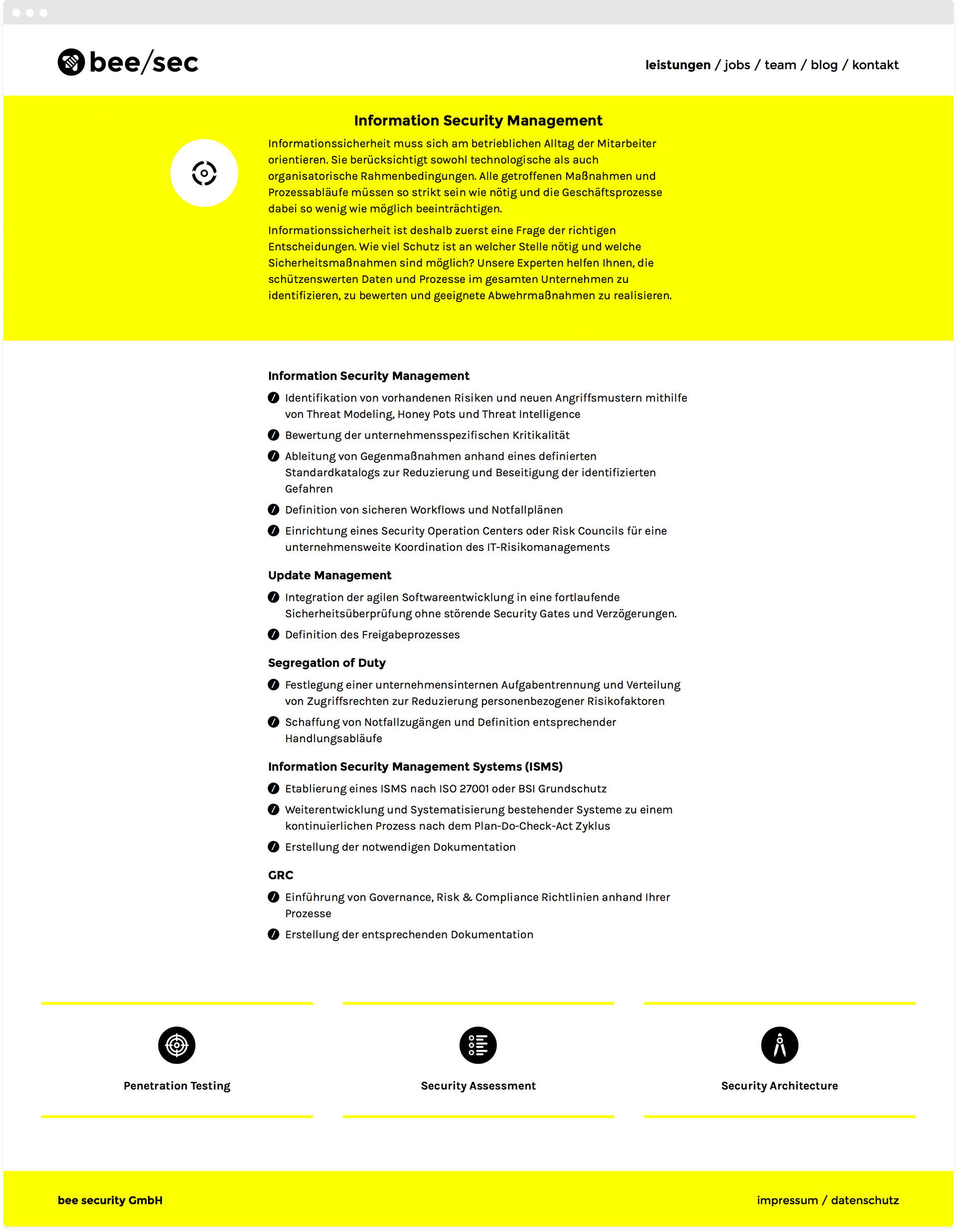 Internetauftritt bee/sec Leistungsdetailseite auf Desktop Browser