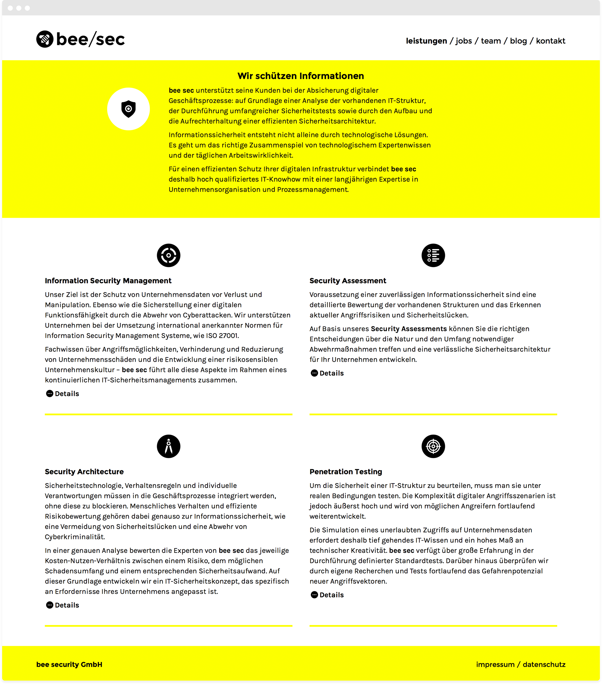 Internetauftritt bee/sec Homepage auf Desktop Browser