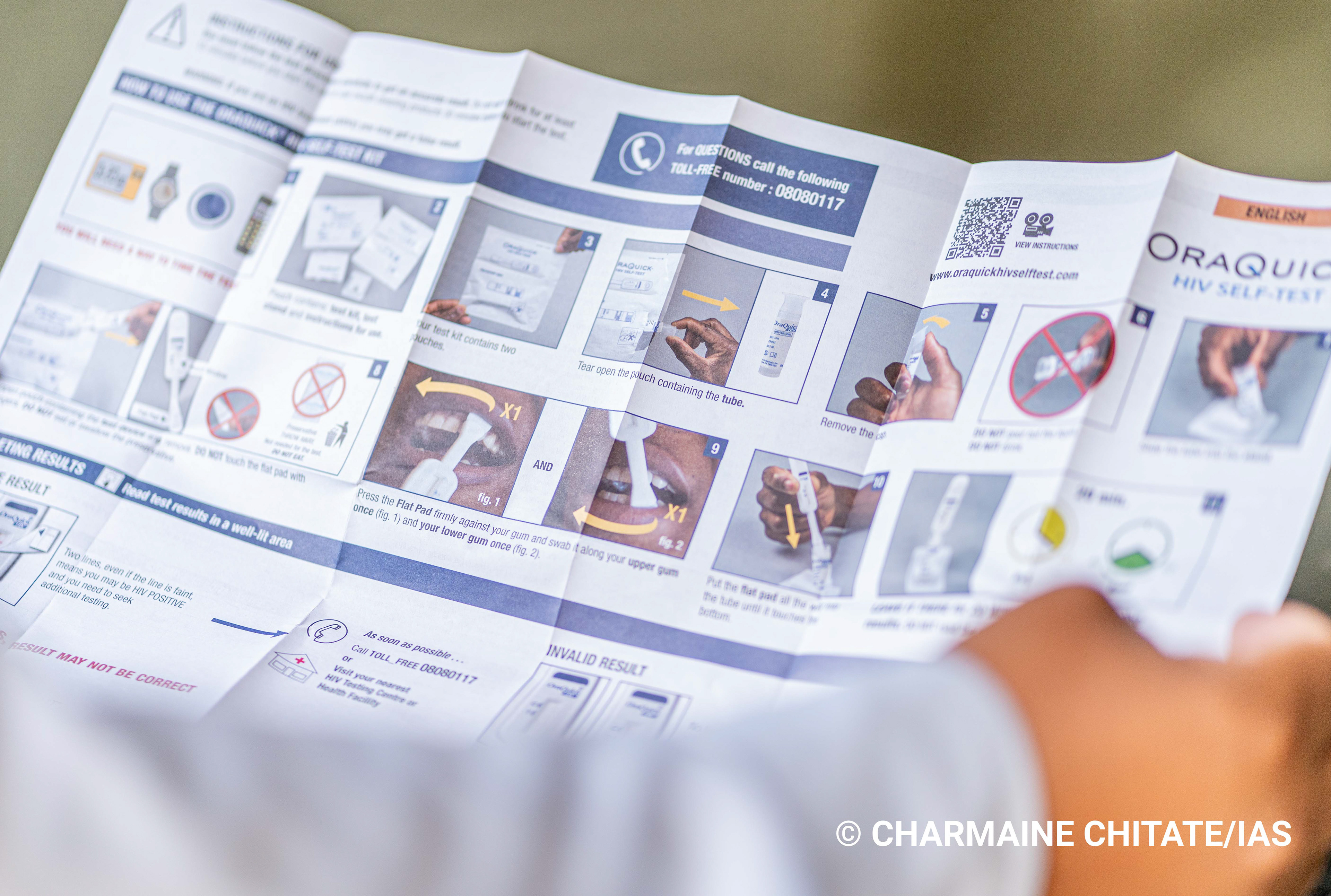 The HIV self testing kit is accompanied by an instruction sheet supporting by image references for ease of use. (Photographer: Charmaine Chitate/IAS)